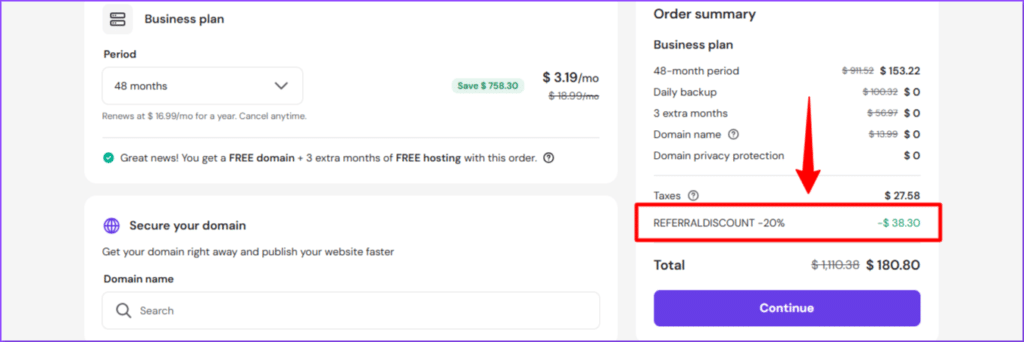 Hostinger Discount coupon code Applied
